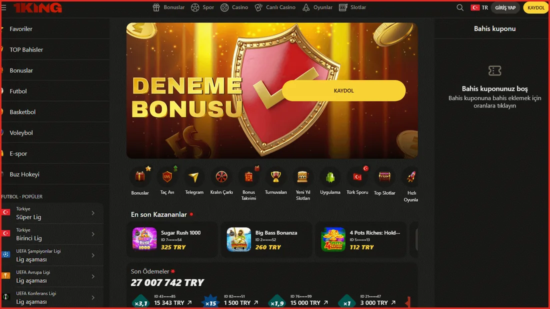 1 King ana sayfa görünümü: spor menüsü, deneme bonusu ve son kazananlar – masaüstü görünümü