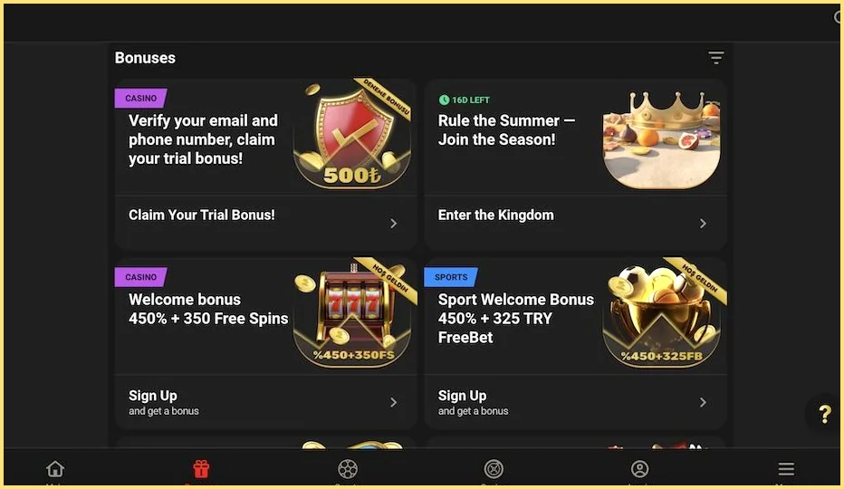 1 King bonuslar bölümü: deneme bonusu, casino ve spor hoş geldin paketleri – masaüstü görünümü